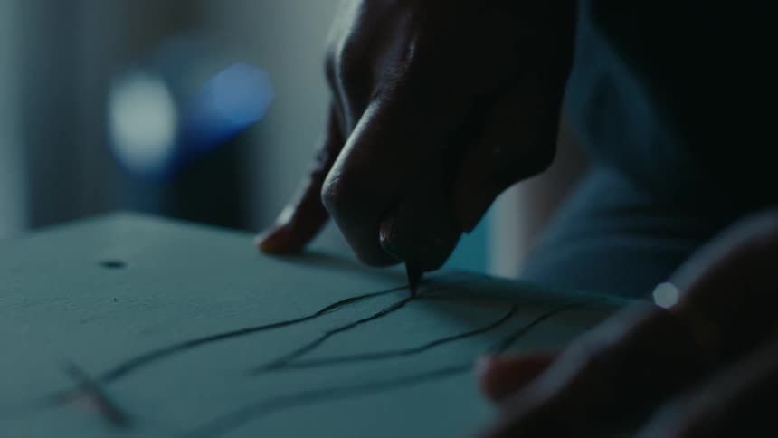 A close up of a person using a carving tool to carve out an image on a piece of wood