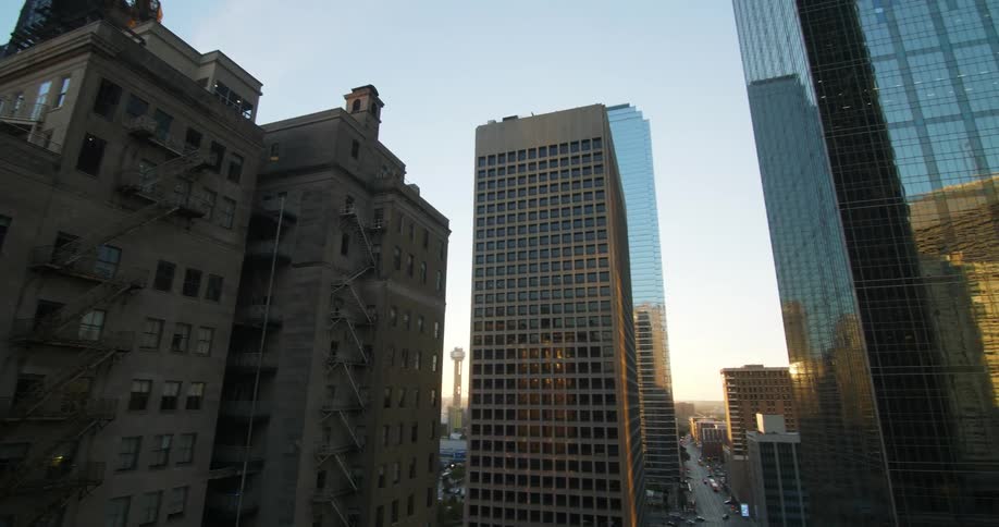 View of the downtown of a city at sunset