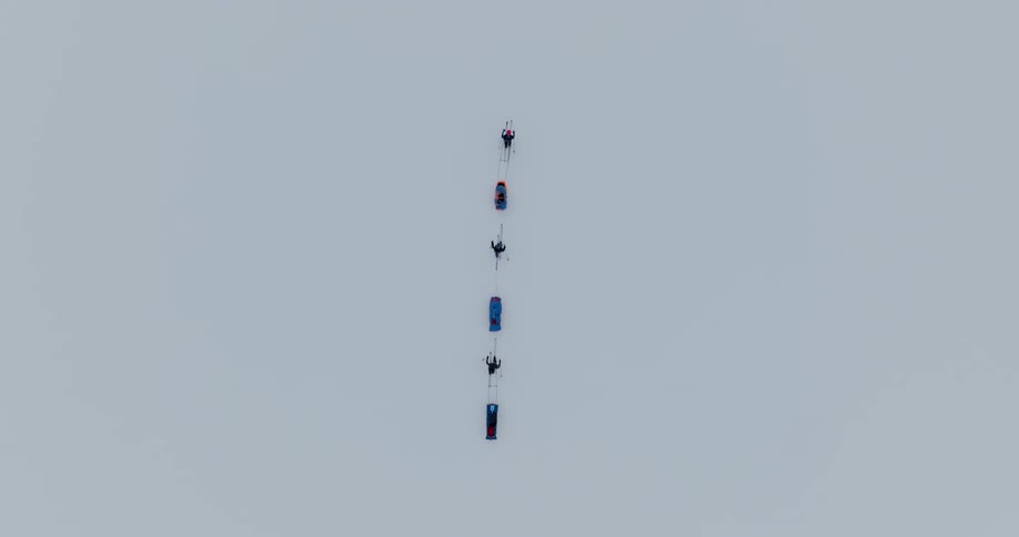 A group of three people are skiing on arctic land with pulkas