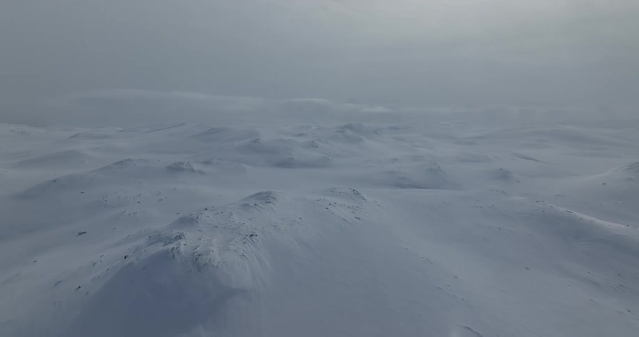 Aerial view of an arctic landscape covered in fog