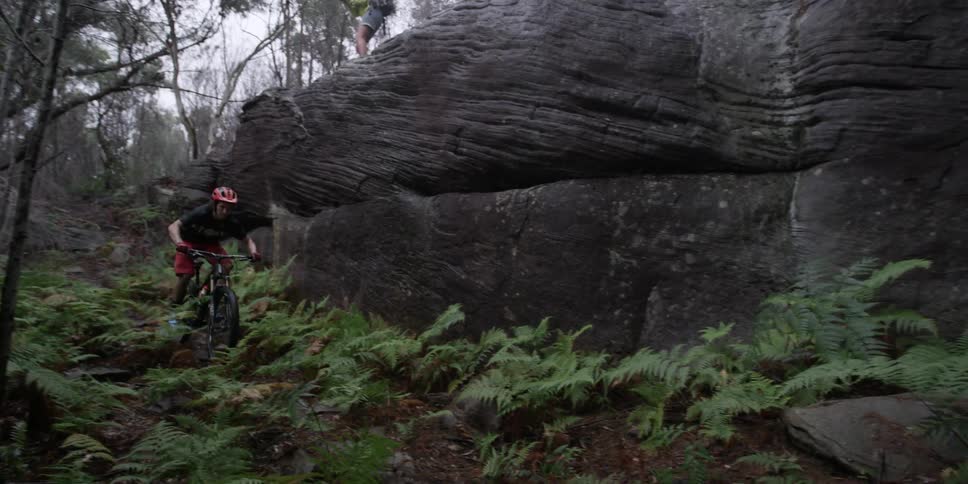 A person films another person riding a bike on a bumpy path in the woods
