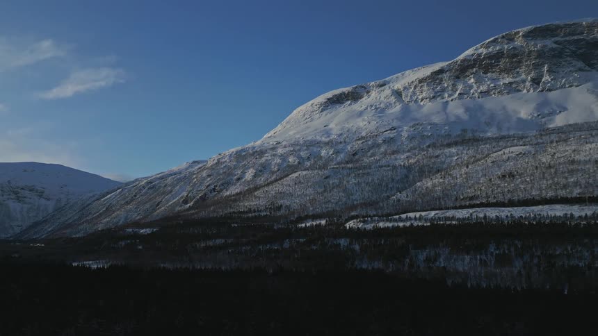A snow covered mountain looms over a forested countryside during the day