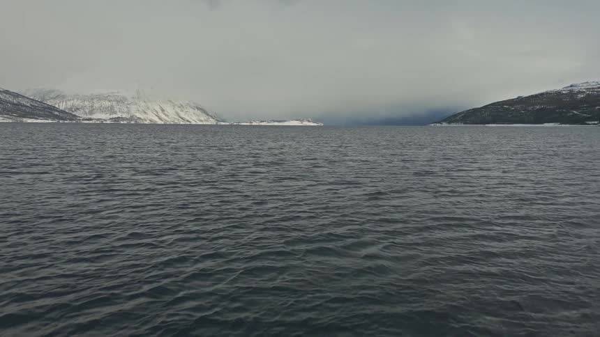 Waves ripple in the ocean below snow capped mountains