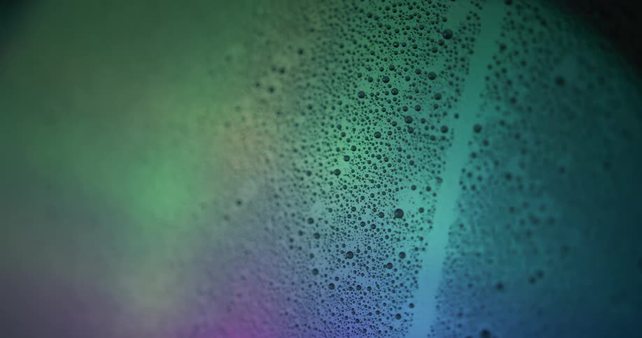 Close up of a surface covered in bubbles under shifting colorful lights
