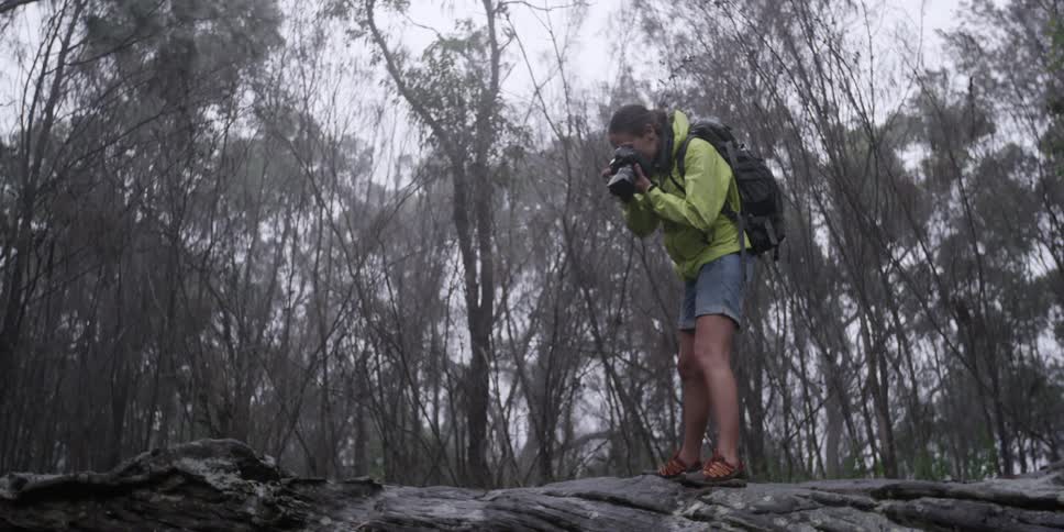 A woman is taking photographs from the edge of a cliff