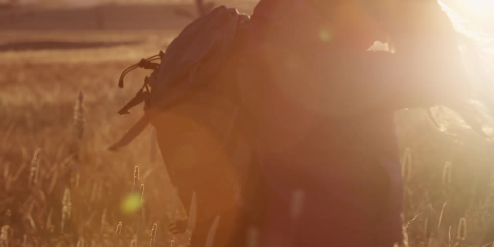 A person standing in tall grass slings their backpack onto their shoulder