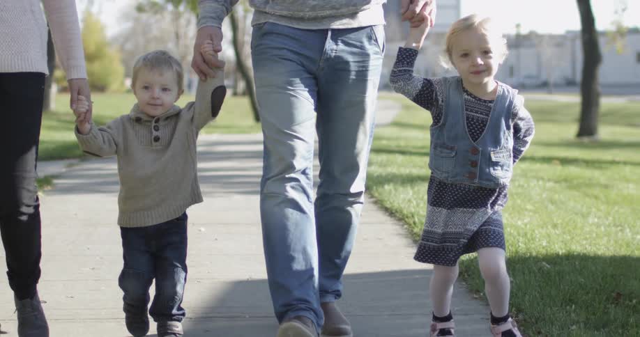 A family is walking hand in hand on a sunny day