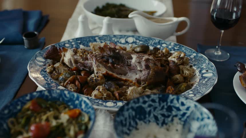 Food and drinks are displayed on the table