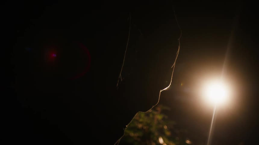 A person is standing outdoors at night in front of bright lights creating a silhouette