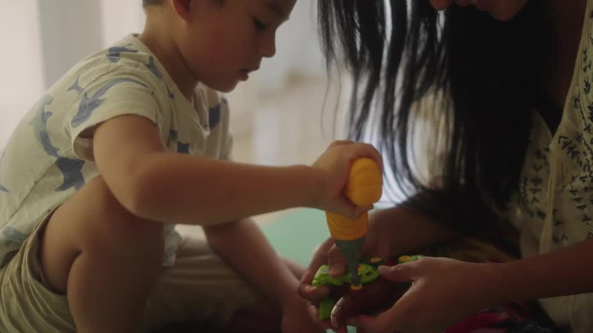 Mother and son playing with toys at home