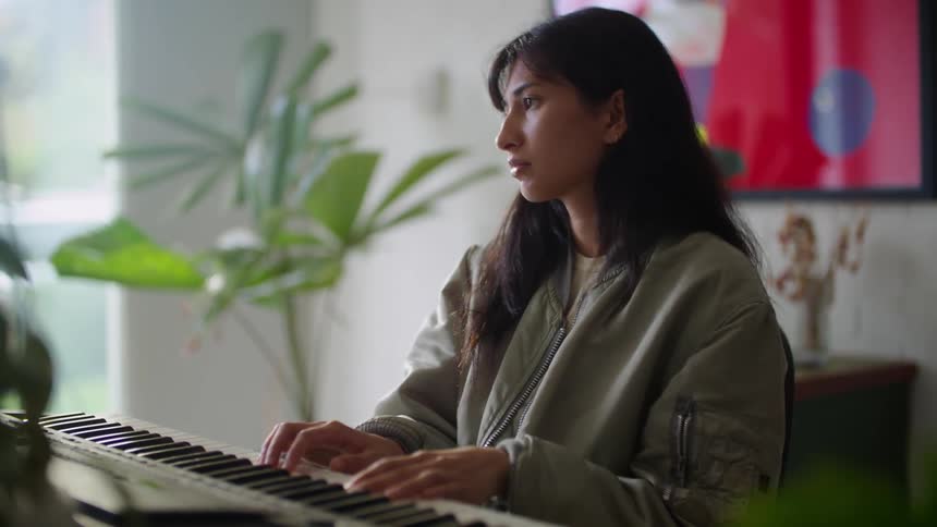 A woman with brown hair plays a keyboard indoors with a plant in the background