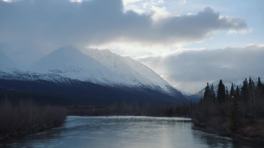 Landscape of river and snowy mountains