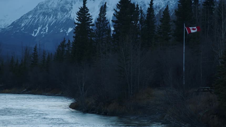 Canadian flag waves in the wind on a pine tree forest near a river close to the mountains at daytime