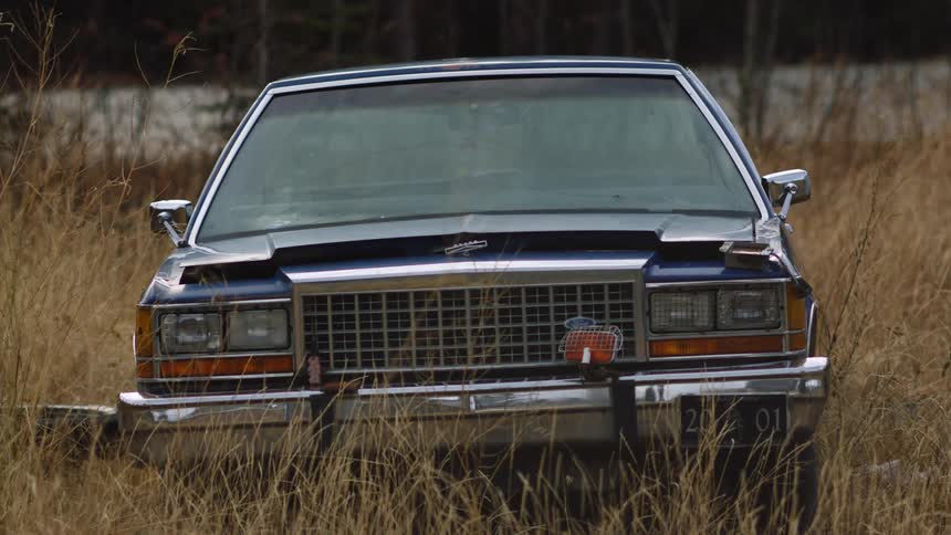 A car is parked in the grass in a rural area