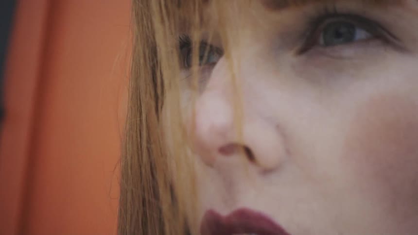A woman looks up