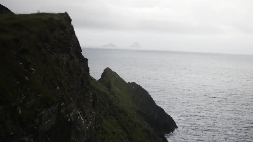 A seagull flies over the water and near a cliff along the coast under a cloudy sky