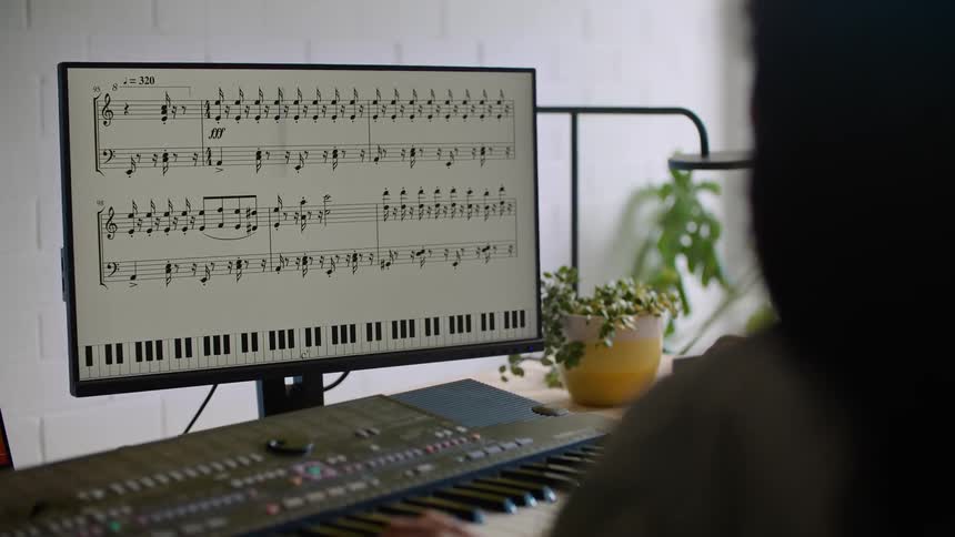 A female is playing the keyboard instrument