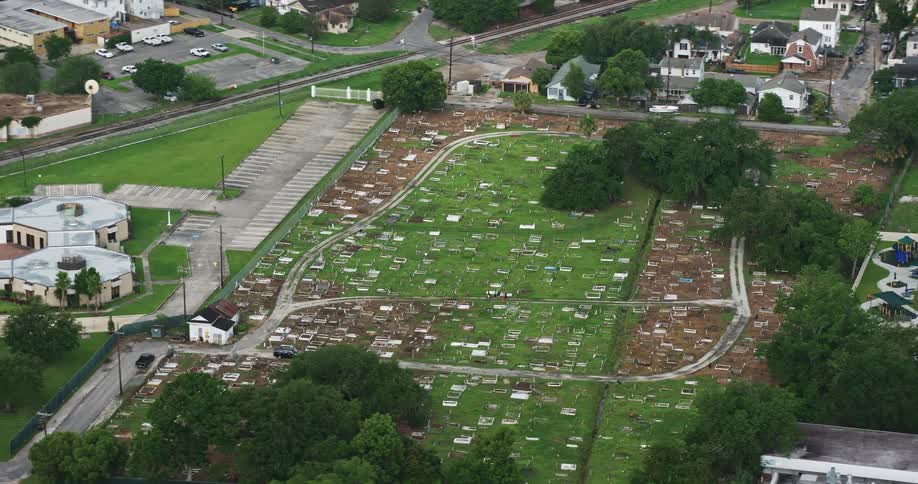 Aerial footage of Lakeviews cemetery in New Orleans during daytime orbit