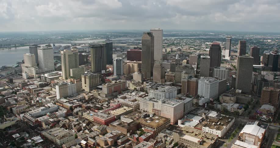 A breathtaking 4K aerial view of New Orleans Downtown and the iconic St Louis Cathedral as seen from a wide orbit