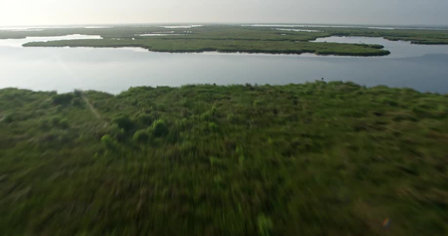 A breathtaking 4K aerial flyover of marshland and bayou at sunrise in St Bernard Parish Louisiana showcasing its lush green vegetation and serene wetlands