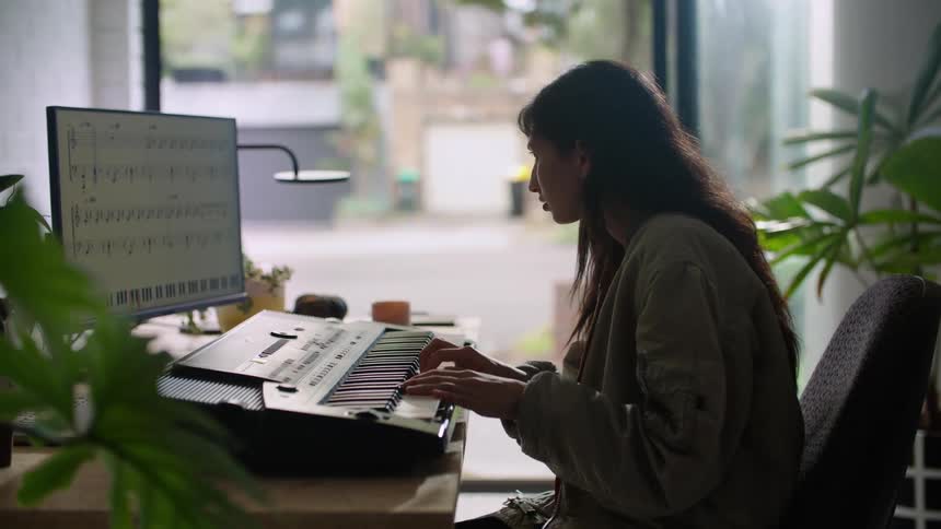 A teenage girl is sitting at a table near a window playing a keyboard in front of a computer monitor