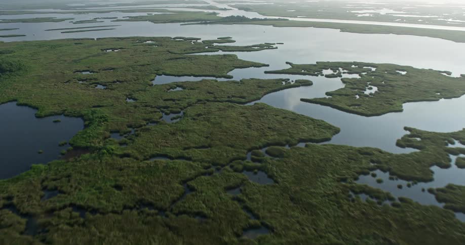 At sunrise an aerial view of bayou marshland in St Bernard Parish Louisiana reveals the IHNC Lake Borne surge barrier among patches of green vegetation