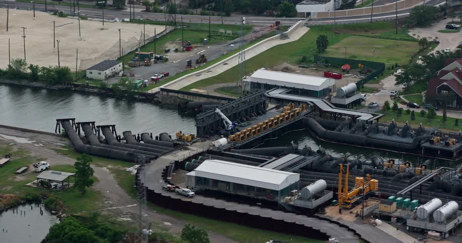 A 4K aerial perspective of a pumping station on the 17th Street Canal in Metairie New Orleans Louisiana