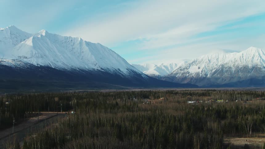 Landscape of snow capped mountain range and forest