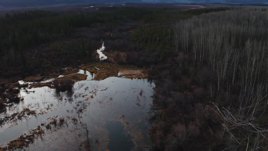 Landscape of snow capped mountain range and stream