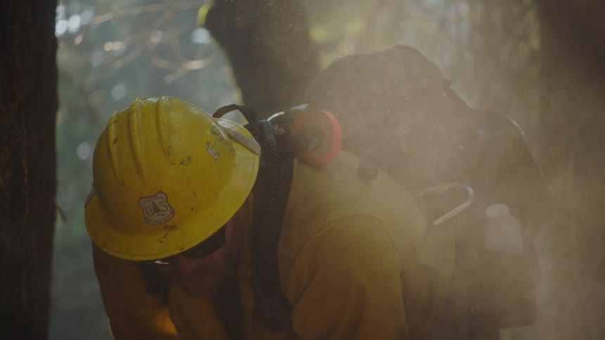 Close up of a firefighter shoveling dirt over a fire on the forest at morning