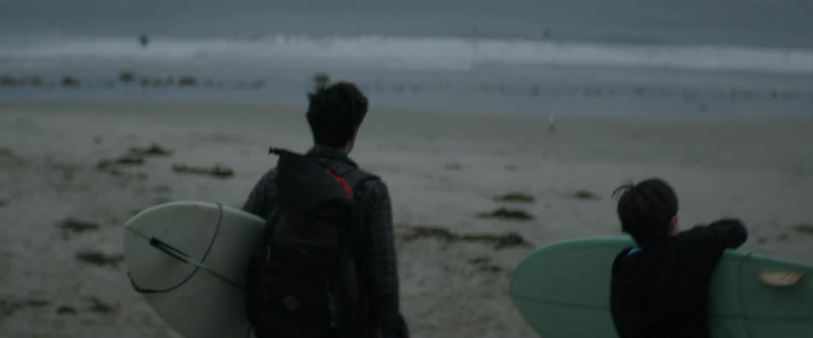 Brothers carrying surfboards walking towards shoreline at the beach