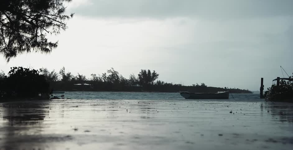 Pacific northwest shoreline maybe raining on beach with water and boat in the distance