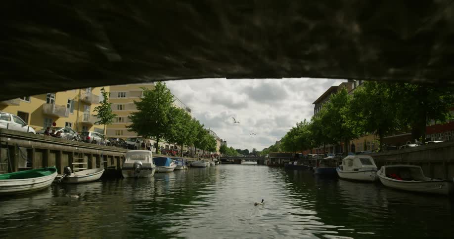 A city waterway with boats trees on either side and buildings