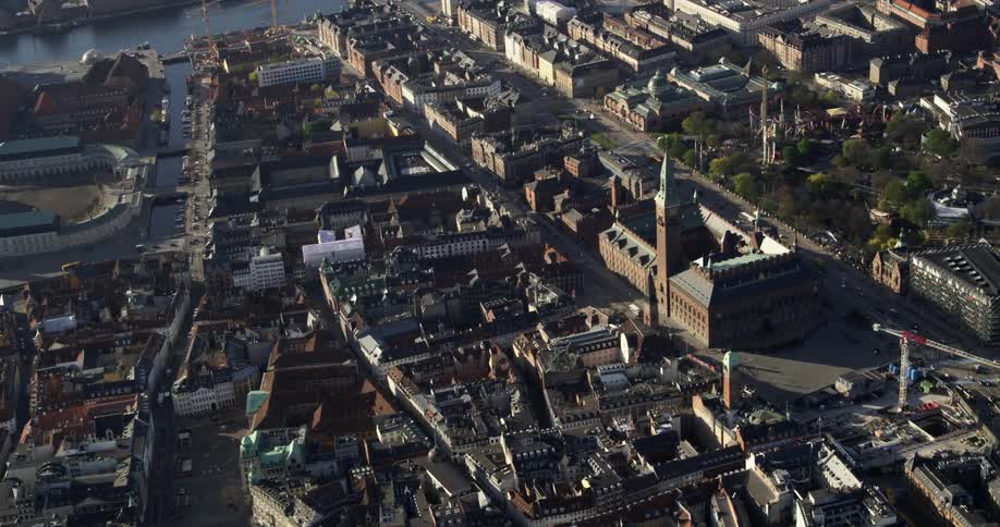 Aerial view of a downtown city during the spring time