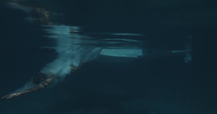Woman diving off seaplane into ocean in the tropics
