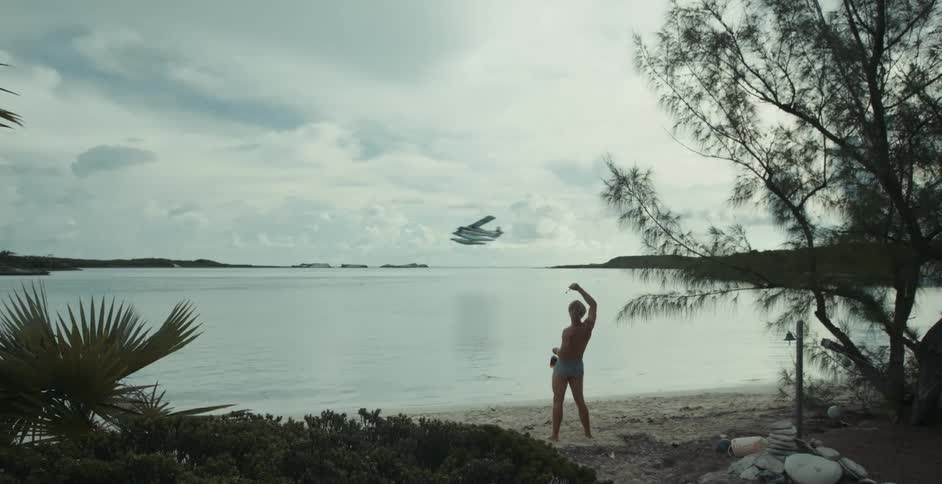 A person waves as a sea plane flies over the beach