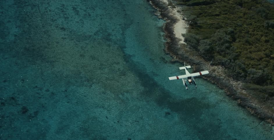 A small biplane flies over a blue sea and a verdant shoreline filled with plants and trees