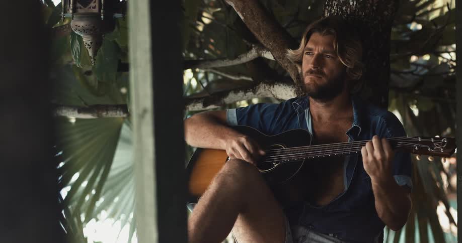 A man in a tropical setting contemplatively strums a guitar while sitting under a tree