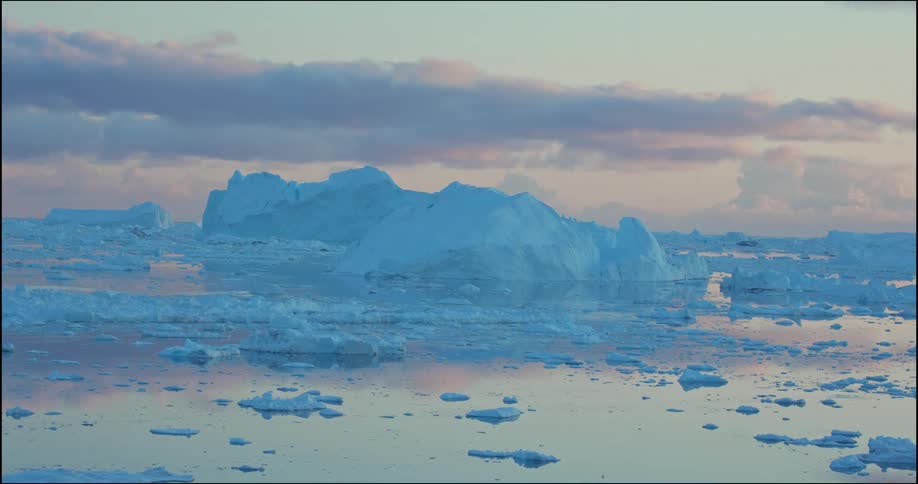Sea ice and icebergs float on still water reflecting red tinted sky