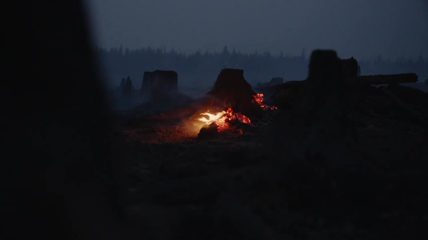 Campfire at nighttime in the woods silhouette of a man in the foreground