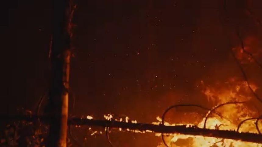 A fire rages in the woods