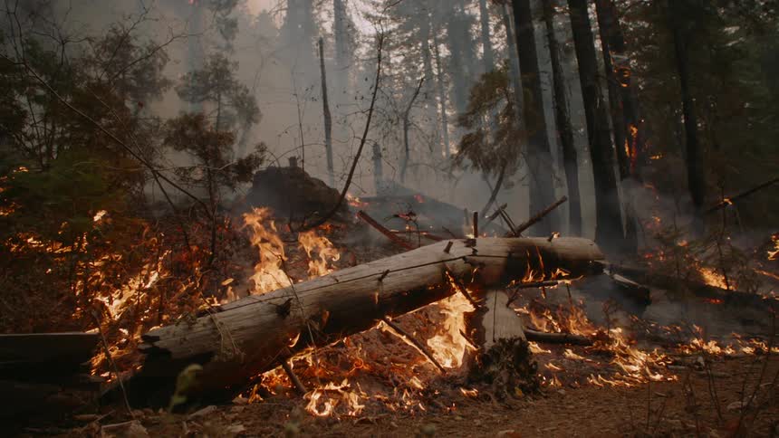 Fire flames rise and burn trees in a smoke filled forest as the wildfire spreads