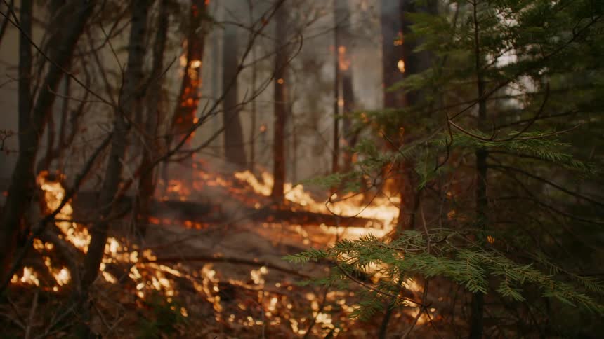 Fire and flames climb up trees in a smoke filled forest as the wildfire spreads