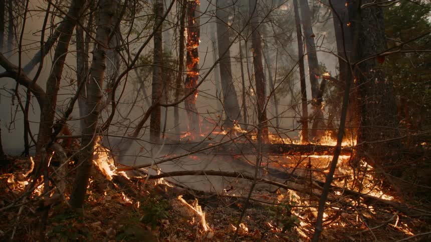 Flames and embers rise in the smoke as a forest fire burns and spreads in the trees