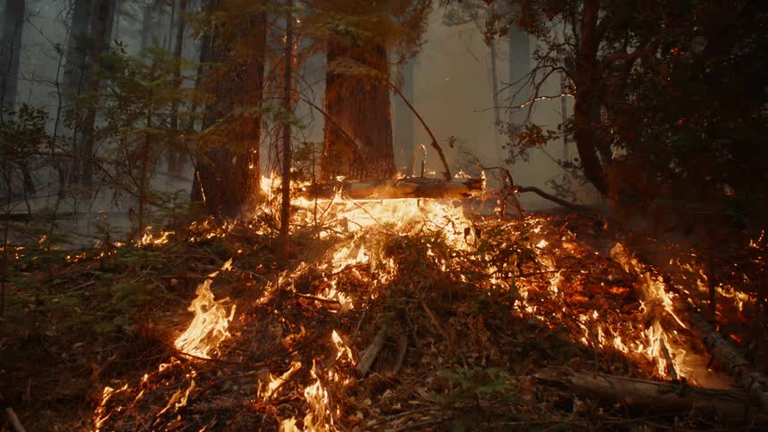 Fire burns across ground in forest and releases smoke