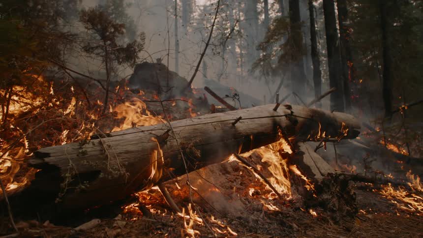 A fallen tree is burning on the dirt floor of a forest filling with smoke from the fire