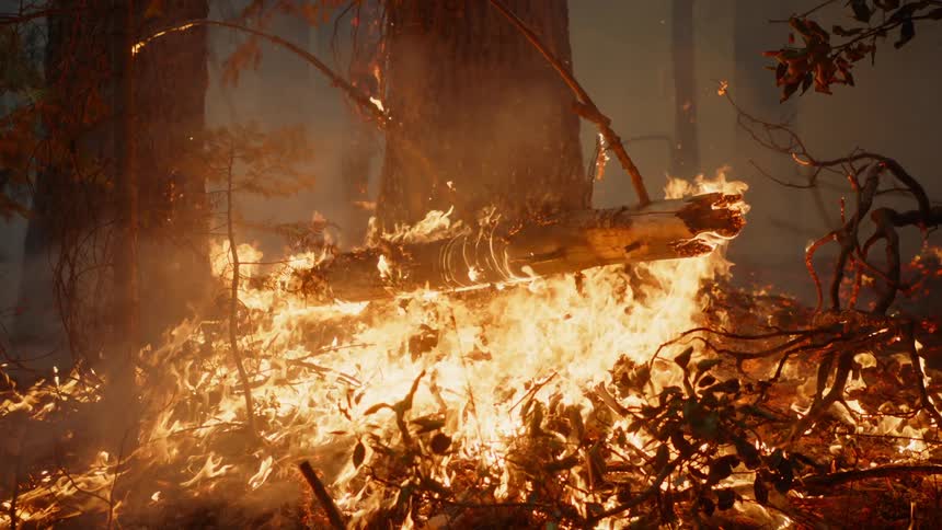 A raging forest fire burns as blazing flames spread and illuminate the smoke in the darkness