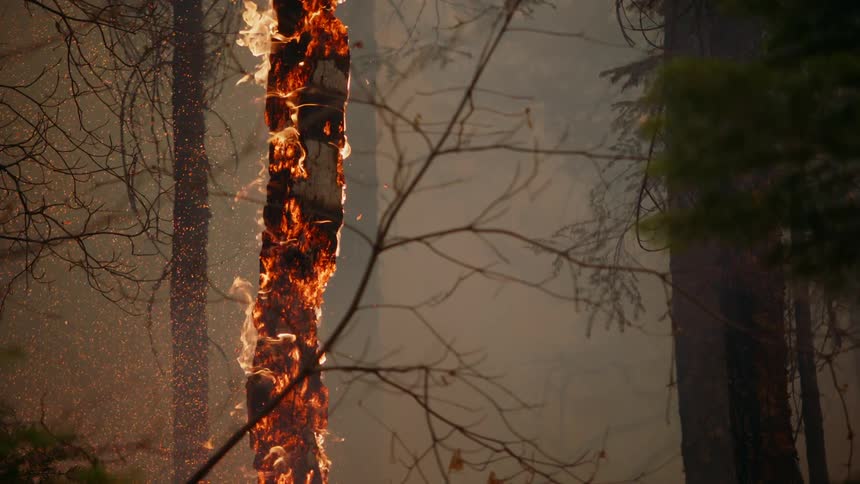 A burning tree in a smoky woodland
