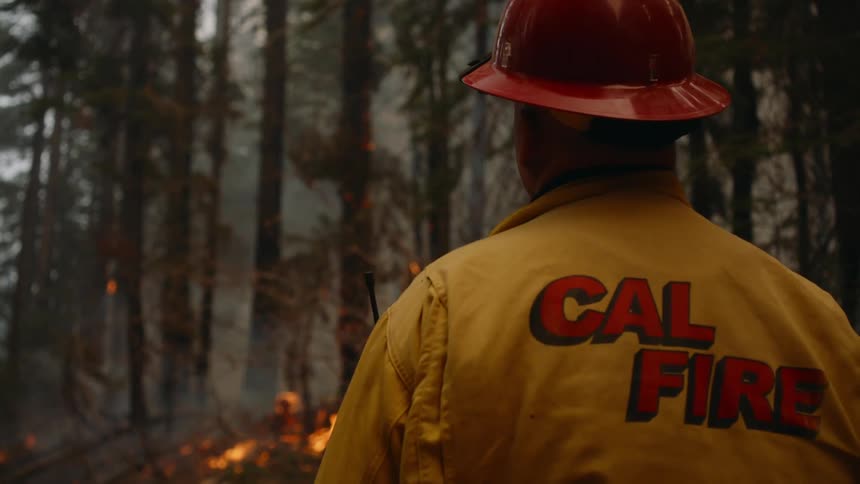 A fireman stands before the burning forest