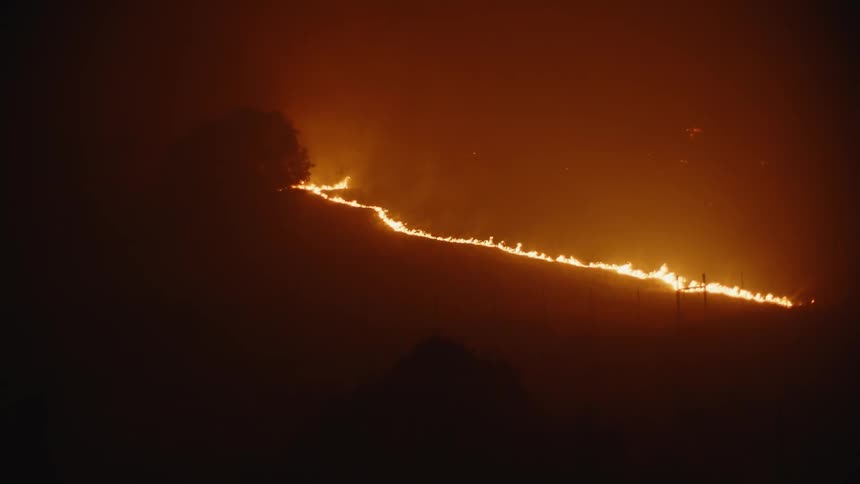 Line of fire burns through field at night creating bright orange glow